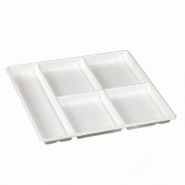 Plateau repas Five 5 compartiments pulpe de canne 32x32x2,3cm blanc - par 100