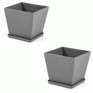 RATTATAN Pot carré 37,5x37,5cm en polypropylène avec fibre de verre, soucoupe assortie, léger, résistant, pour intérieur et extérieur LILIUM (2_0