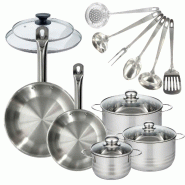 Batterie de cuisine 2 poêles 24/28 cm et couvercles, 3 faitouts 16/20/24 cm et 6 ustensiles Fackelmann Eterna - gris inox 3176239935400_0