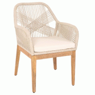 Décoshop26 - Chaise de jardin moderne résistant aux intempériese en bois d'acacia dossier arrondi en corde tressée crème coussin 04_0010101 - bei