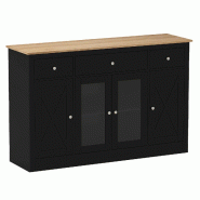 Helloshop26 - Buffet 140 cm à 3 tiroirs et 3 armoires vitrées pour rangement et espace de préparation moderne en MDF noir et naturel 20_0018363 - n