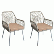 Décoshop26 - Lot de 2 chaises de jardin motif graphique aéré en aluminium gris corde tressée et coussins taupe inclus 04_0009693 - gris aluminium