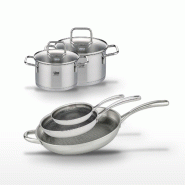Lot de 3 Poêles 32/28/24 cm et 2 Faitouts 14/12 cm Elo Relief Evolution - gris inox 3176239955439