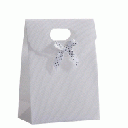 Pochette cadeau blanc intissé avec noeud à pois - L19xP8xH26cm - par 10