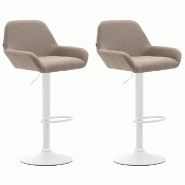 Décoshop26 - Lot de 2 tabourets de bar avec repose-pieds et accoudoirs en tissu taupe piètement en trompette métal blanc 10_0006102 - blanc métal