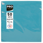 Pronappe - Réf.SV622028I - Carton de 800 Serviettes Cocktail ouate 2 plis - papier micro gaufré - 20 X 20 cm - 16 paquets de 50 serviettes Turquoise
