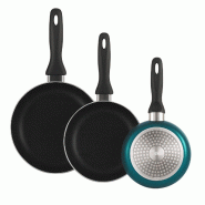 WellHome - Set de 3 Poêles Ø16/20/24 cm en Aluminium Embouti Bleu Métallisé - WH16218