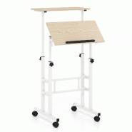 Helloshop26 - Bureau assis-debout réglable 60 x 30 x 72-124 cm ergonomique avec roulettes design moderne en MDF naturel 20_0010834 - Bois manufactur�