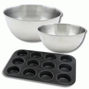 Lot comprenant 1 Moule à Muffins 12 empreintes, 1 spatule Zenker et 2 bols à mixer en inox Fackelmann - noir métal 3176239936469