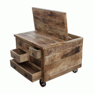 Coffre bois massif à roulettes L85xP85H70cm - multi ouvertures Toronto - industriel vintage_0