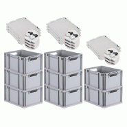 PROREGAL 8x Bac Euro NextGen Economy couvercle à charnières, fermetures à glissière noires, poignées ouvertes, 22x30x40cm, 20L - noir plastique R