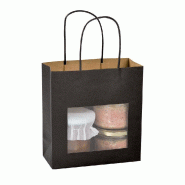 Sac kraft lisse noir à fenêtre en PET - poignées torsadées - 18x8x19cm - par 12