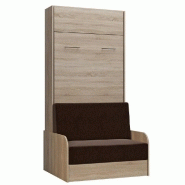 ARMOIRE LIT ESCAMOTABLE DYNAMO SOFA CANAPÉ ACCOUDOIRS CHÊNE NATUREL TISSU MARRON 90*200 CM