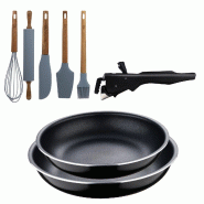 BERGNER - Ensemble de 2 poêles Ø22/26cm en aluminium embouti avec poignée amovible et ensemble de 5 ustensiles de cuisine en silicone et bois d’a