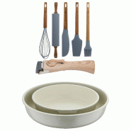 BERGNER - Jeu de 2 Poêles Ø22/26 cm en Aluminium Coulé Blanc avec Manche Amovible et Set de 5 Ustensiles de Cuisine en Silicone et Bois - PK9762