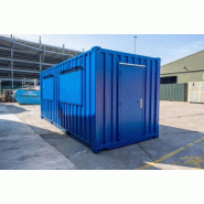 Conteneur commercial bleu de 20 pieds - robuste et polyvalent avec fenêtres à charnières et porte d'accès sécurisée - Idéal pour les kiosques, les billetteries ou les petits commerces ambulants