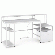 COSTWAY Bureau avec Station de Charge, Tiroir Coulissant, Support Moniteur, Cadre Métallique et Pieds Réglables - blanc Bois manufacturé ON33447PQ-IT