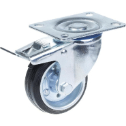 Roulette pivotante/frein de 80 mm en caoutchouc noir sur roue centrale en acier embouti Roulette pivotante/frein de 80 mm en caoutchouc noir sur roue centrale en acier embouti