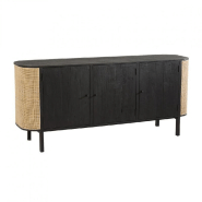 BUFFET BAS RARY EN BOIS EXOTIQUE NOIR ET ROTIN NATUREL