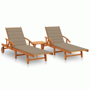 Helloshop26 - Lot de 2 transats chaise longue bain de soleil lit de jardin terrasse meuble d'extérieur avec table et coussins acacia 02_0012112 - mar