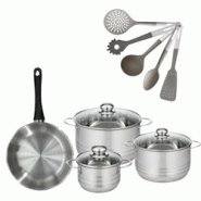 Lot Poêle 24cm & 3 Faitouts 16/20/24cm Fackelmann Généva avec 5 ustensiles - gris inox 3176239921892 Lot Poêle 24cm & 3 Faitouts 16/20/24cm Fackelmann Généva avec 5 ustensiles - gris inox 3176239921892