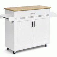 COSTWAY Chariot de cuisine avec porte-serviettes et planche d'épices, îlot de cuisine avec tiroir et étagère réglable en hauteur - blanc Bois man