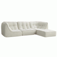 Oviala Business Canapé modulable avec pouf velours 260 x 165 x 70 cm 3 places écru - blanc polyester 115741