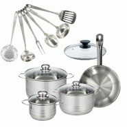 Set 1 poêle 24 cm en inox et couvercle, 3 faitouts inox 16, 20 et 24 cm et 6 ustensiles inox Fackelmann Eterna - gris inox 3176239935363