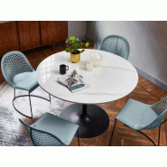 Table de réunion en cristal-céramique ronde Infinity pour 5-6 personnes avec pied tulipe en métal Table de réunion en cristal-céramique ronde Infinity pour 5-6 personnes avec pied tulipe en métal