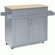 COSTWAY Chariot de cuisine avec porte-serviettes et planche d'épices, îlot de cuisine avec tiroir et étagère réglable en hauteur - gris Bois manu