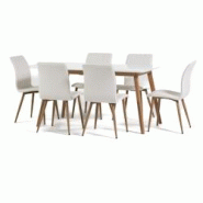 RATTATAN Ensemble salle a manger extensible avec table rectangulaire et 6 chaises en simili cuir beige, pieds effet bois clair, style scandinave – R