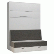 ARMOIRE LIT ESCAMOTABLE KOMPACT SOFA CANAPÉ TIROIRS BLANC MAT TISSU GRIS COUCHAGE 140*200 CM