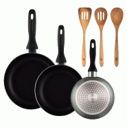 BERGNER - Set de 3 Poêles Ø16/20/24 cm en Aluminium Embouti Gris Métallisé avec Set de 3 Ustensiles de Cuisine 32,8x33x7x1,4 cm Xmart - PK9878