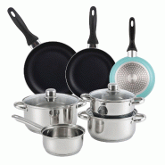WellHome - Batterie de cuisine 7pc en Acier Inoxydable avec Jeu de 3 Poêles Ø16/20/24cm Bleu Mat en Aluminium Pressé - multi-matériau PK8190