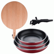 BERGNER - Ensemble de 3 poêles Ø18/20/24cm aluminium embouti rouge avec poignée amovible et planche à découper ronde 38 × 28 × 1,5cm en bois de