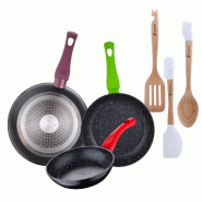 BERGNER - Jeu de 3 Poêles Ø18/Ø22/Ø26 cm Jolie en Aluminium Forgé compatible Induction avec Set de 3 Ustensiles en Silicone et Bois - PK9298