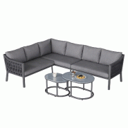 Merax salon de jardin 6 places, canapé d’angle extérieur avec 2 tables en verre, acier galvanisé, corde tressée, gris - gris multi-matériau N634P0067G