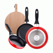 BERGNER - Ensemble 3 poêles Ø16/20/24cm aluminium embouti compatible induction Navy Red avec planche à découper ronde 38 × 28 × 1,5cm en bois de
