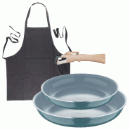 BERGNER - Ensemble de 2 poêles Ø22/26cm aluminium embouti vert compatible induction avec poignée amovible et tablier de cuisine gris foncé 100 % c