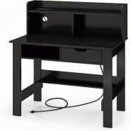 COSTWAY OSTWAY Bureau avec Prises, Petit Bureau d'Ordinateur avec Accessoire, Compartiment Ouvert et Tiroir, Table PC - noir ON32810PQ-PW