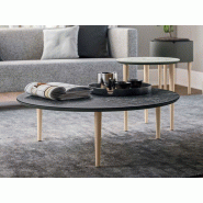 Table basse ronde en grès Melina et pieds en bois massif