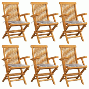 VidaXL Chaises De Jardin Coussins à Carreaux Gris Lot De 6 Teck Massif - multicolore 3062555