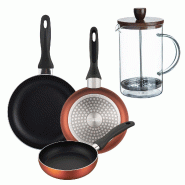 BERGNER - Set de 3 poêles Ø16/20/24 cm en aluminium pressé coloris cuivre métallisé avec cafetière à piston en verre borosilicate 15,8 × 10 ×