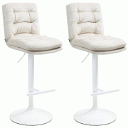 Décoshop26 - Lot de 2 tabourets de bar avec repose-pieds et dossier assise rembourré en velours crème et métal blanc 10_0006749 - beige métal 300