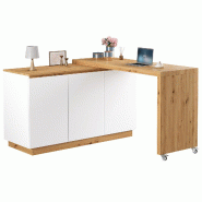 Merax Bureau rotatif , buffet à roulettes, espace de rangement et plateau épaisseur 4 cm, 124 x 45 x 82 cm, chêne blanc - blanc Bois manufacturé N