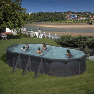 Piscine ovale acier 7,44m x 3,99m x h: 1,32m  - gris anthracite - filtration à sable - renforts apparents