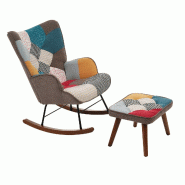 Merax Fauteuil à bascule avec repose-pieds, siège rembourré patchwork, pieds bois massif et fer, multicolore - multicolore multi-matériau N621P189298A Merax Fauteuil à bascule avec repose-pieds, siège rembourré patchwork, pieds bois massif et fer, multicolore - multicolore multi-matériau N621P189298A