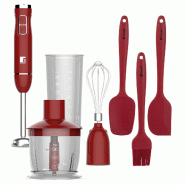 BERGNER - Mixeur plongeant 1000W avec hachoir, gobelet doseur et 3 ustensiles de cuisine en silicone en couleur rouge - rouge MAK015