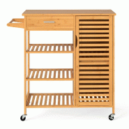 COSTWAY chariot bambou 91x44x89cm, roulettes, tiroir, 3 étagères, porte-serviettes, placard, naturel - marron Bois manufacturé WO79093ZM