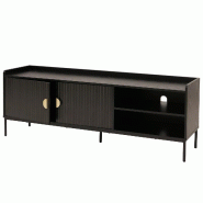 Décoshop26 - Meuble TV 2 portes compartiment ouvert et passe-câbles 56x150x40cm en bois noir avec façades à lamelles 04_0009433 - noir Bois massif